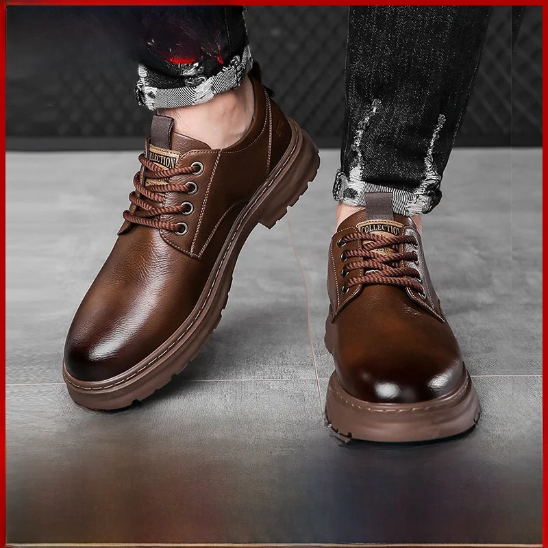 Zapatos Casuales de Cuero para Hombre, Estilo Retro, Resistentes al Desgaste, con Cordones, Punta Redonda, Tacón Bajo, Interior de EVA