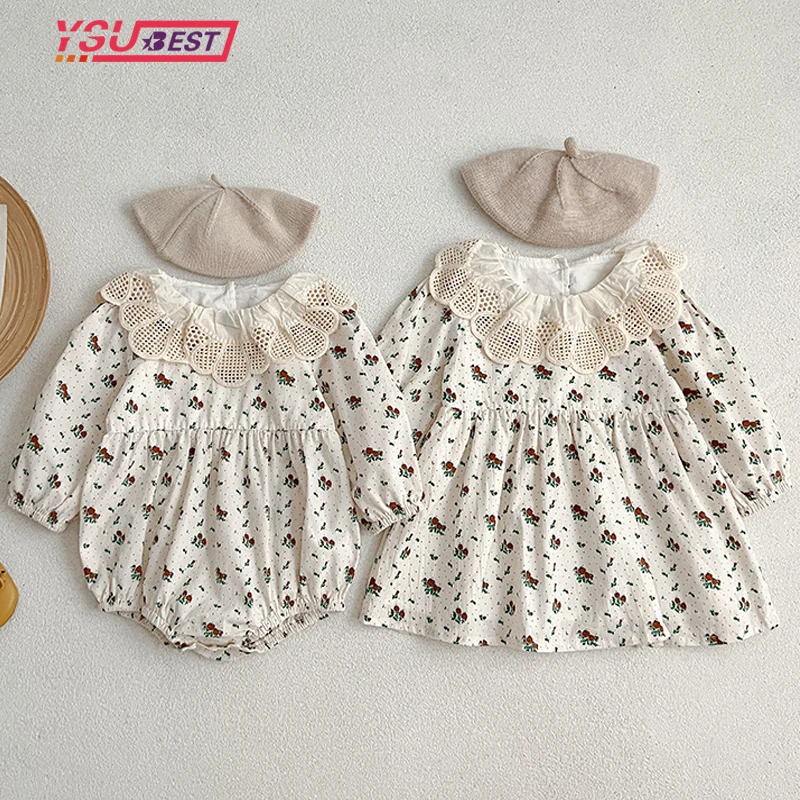 

2024 Kids Baby Girls Clothing Long Sleeve Lace Collar Flower Print Sisters Dress Autumn Kids Baby Girls Princess Clothes Rompers