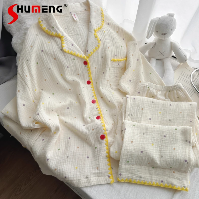 

Cotton Polka Dot Pajamas Suits Women's Spring Autumn Cotton Sweet Home Clothes Female Autumn Japanese Style Loungewear Set