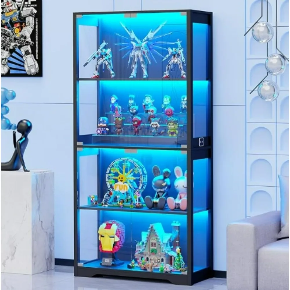 Display Cabinet with Glass Doors, 4-Tier Curio Cabinet with 3 Color Lights for Collectibles, Glass Display Case with Human Body