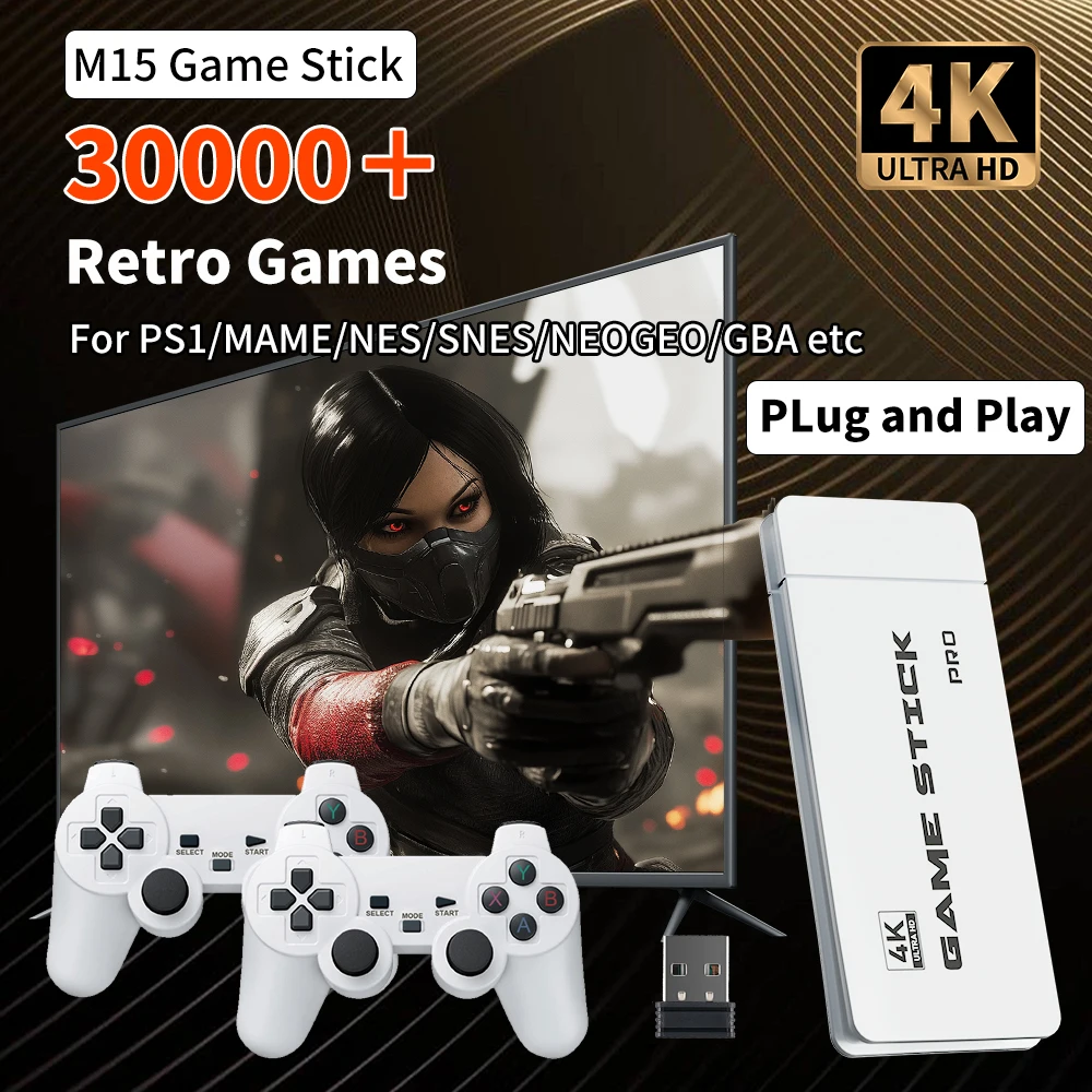 

M15 Game Stick 4K HD Output Retro Game Console with 30000+ Games for PS1/MAME/NEOGEO/NES/SNES/GBA Plug and Play for PC/Laptop/TV