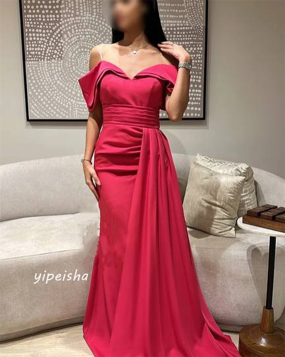 Jersey Ruched Formal Evening A-line Off-the-shoulder Bespoke Occasion Gown Long Dresses