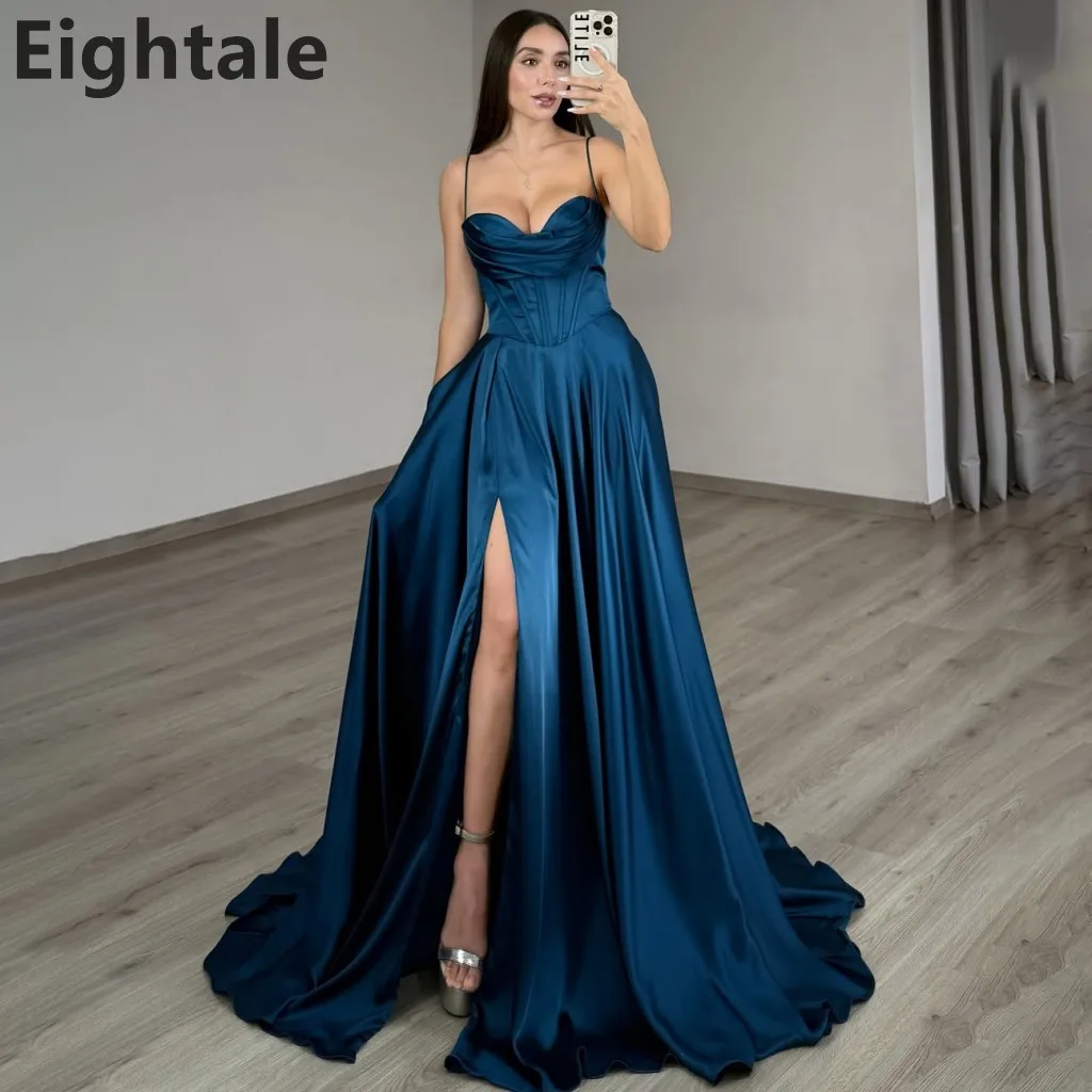 

Eightale 2025 A Line Sexy Slit Spaghetti Straps Maxi Evening Dres Satin Floor Length Prom Dress Formal Party Gown