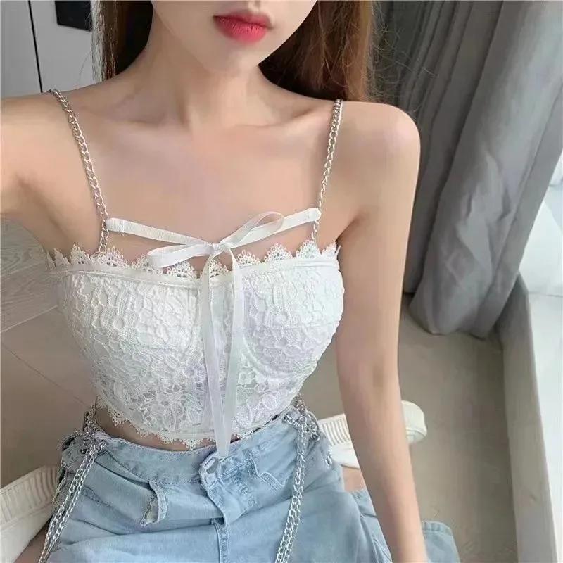 

Summer Sexy White Lace Chain Y2K Tops Korean Fashion Backless Women's Crop Tops Party Club Vest Beautiful Female Beach Tops