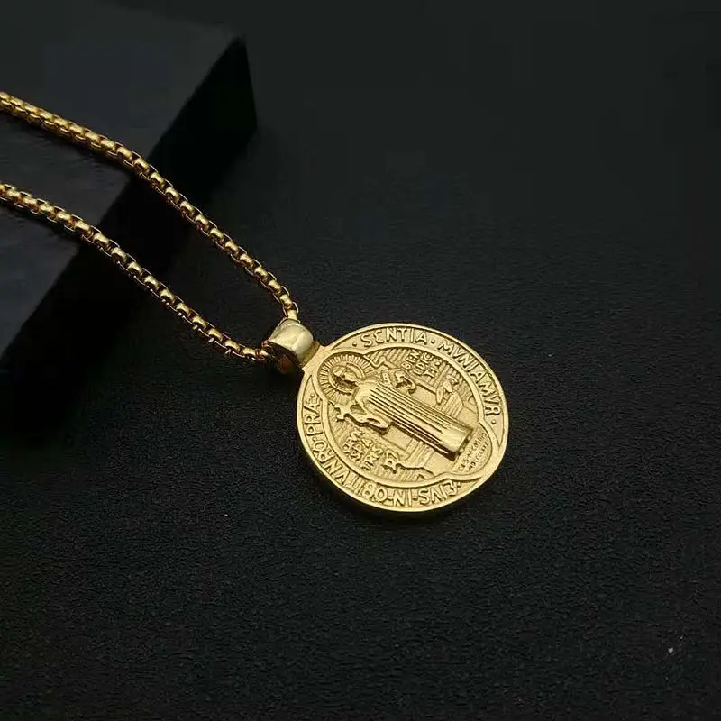Stainless Steel Catholic Patron Saint St Benedict of Nursia Holy Medal Round Pendant Necklace for Men Jewelry Drop Shipping