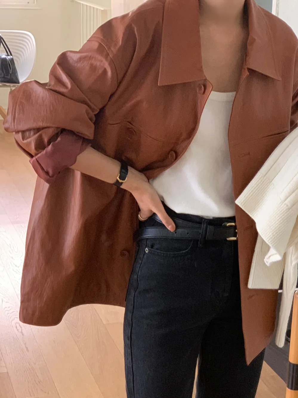 Chic Vintage Sle da donna in pelle PU allentata Jaet doppia fila bottoni colletto ribaltabile cappotto da motociclista lungo Sve autunno nuovo arrivo