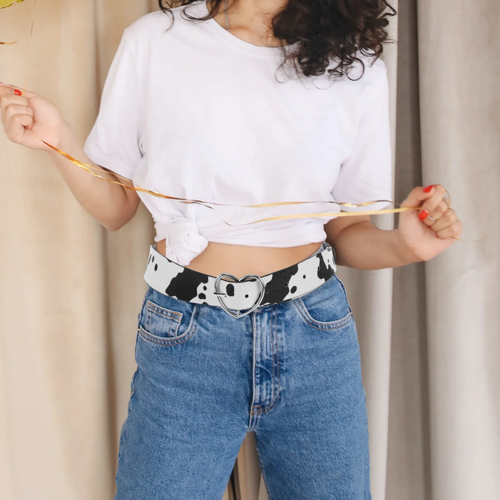 البقرة يطبع حزام القلب مشبك لينة بولي Material المواد قابل للتعديل طول العصرية الخصر التبعي النساء الجينز التنانير فساتين موضة الخصر #1