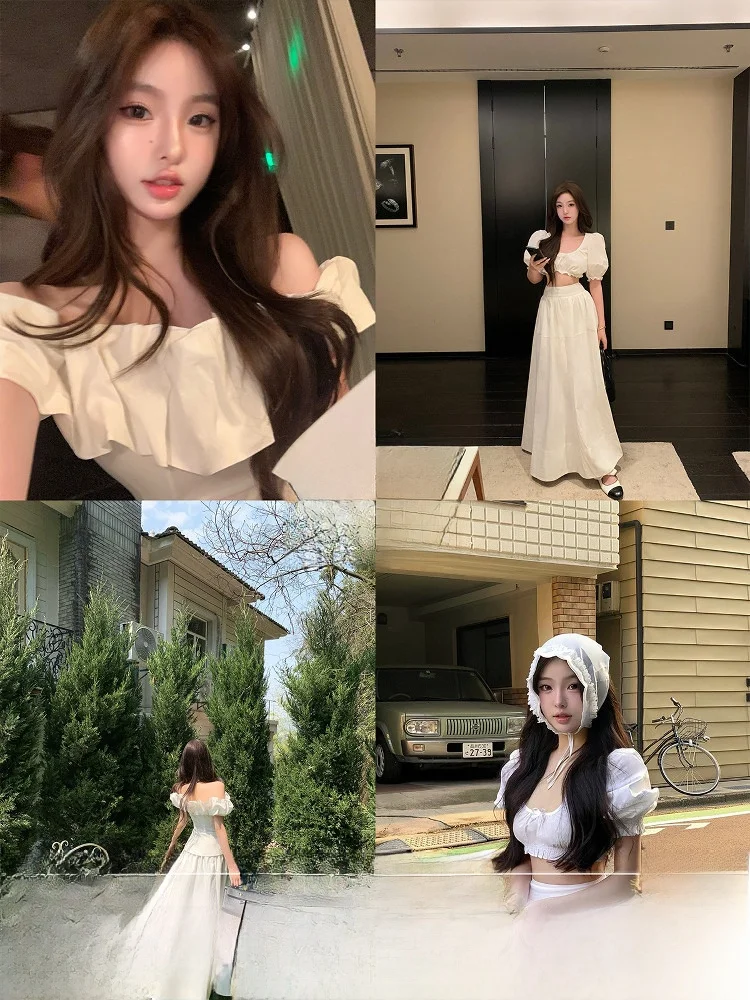 

Fanyan nut adow White Sand One-oulder Bubble Sve Women's irt f-Skirt Tee-Piece Set Korean Sle Commute Wind
