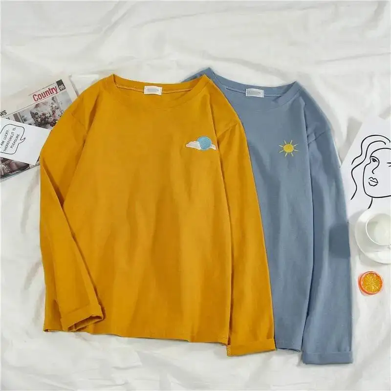 Mulheres dos desenhos animados bordados camisetas harajuku simples t camisa outono manga longa casual solto camiseta estudante engraçado tshirt topos