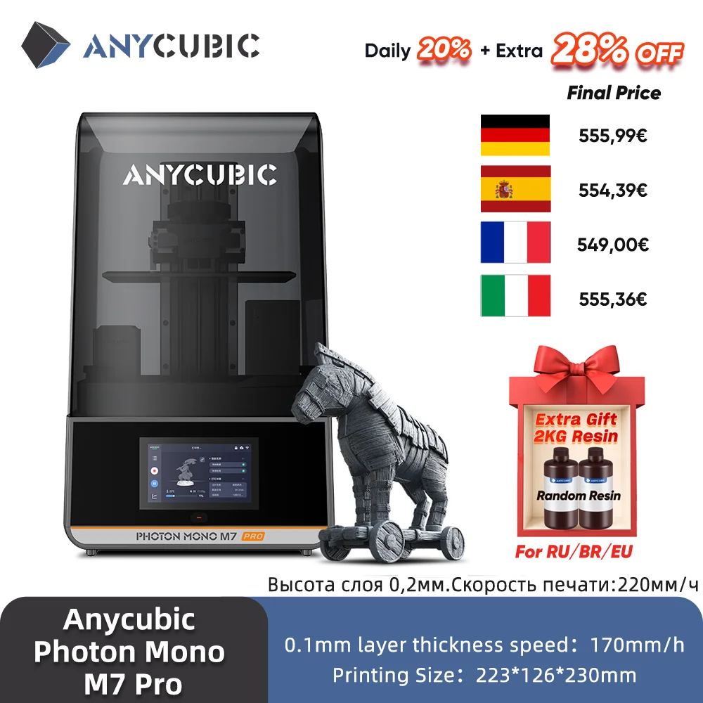 

ANYCUBIC Photon Mono M7 Pro 3D принтер 14K Mono MSLA 10,1 ''LCD Смола 3D принтер Скорость до 170 мм/ч размер печати 223*126*230 мм