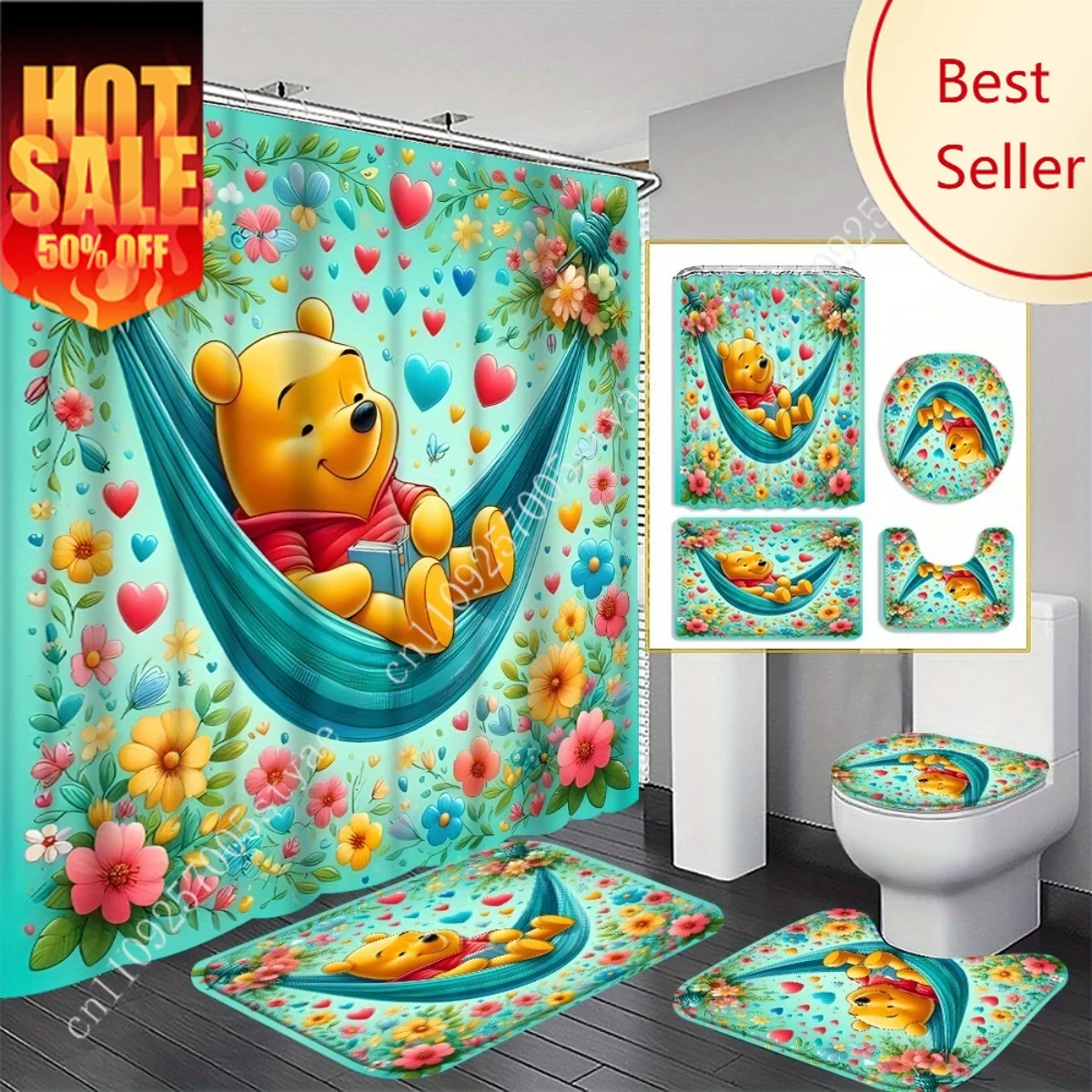 

Winnie The Pooh Shower Curtain Set Disney Cartoon Decoration Gifts Floor Mats Toilet Seat Cover Floor Mats Toilet Seat Cover