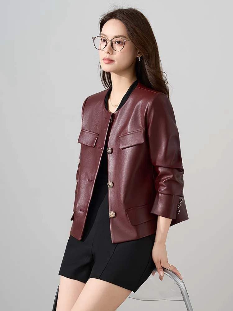 Borgoña mujer primavera otoño cuello redondo chaqueta de piel sintética Oficina señora chaqueta de motocicleta de un solo pecho abrigo de PU 2025 INKEO 5O075