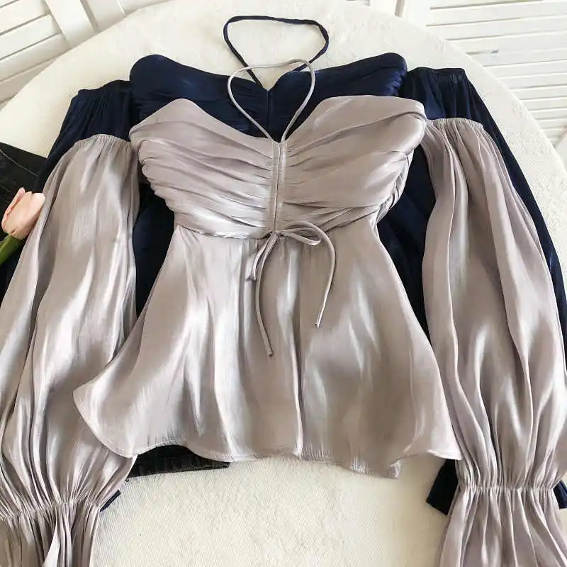 

Women's Purple Long Sleeve Shirts and Blouses Vintage Y2k 90s Aesthetic 2000s Elegant Off Shoulder Slash Neck Shirt Clothes 2025