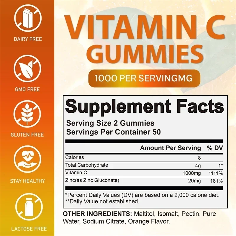 Vitamina C Gummies - Antioxidant, Joint, Immune, Skin, Cellular Respiration, and Cardiovascular Health