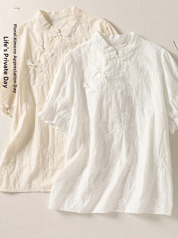 

Retro Chinese Style Short Sleeve Shirt Women's Artistic Floral Embroidery Overhead Top Korean Japanese Tagless Vintage Clothing