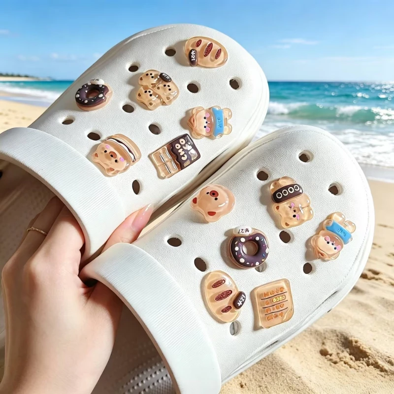 Designer Quality DIY Hole Shoes Charms Set Cute Cartoon Teddy Bear Bread Garden Shoe Decoration Accessories for Girls