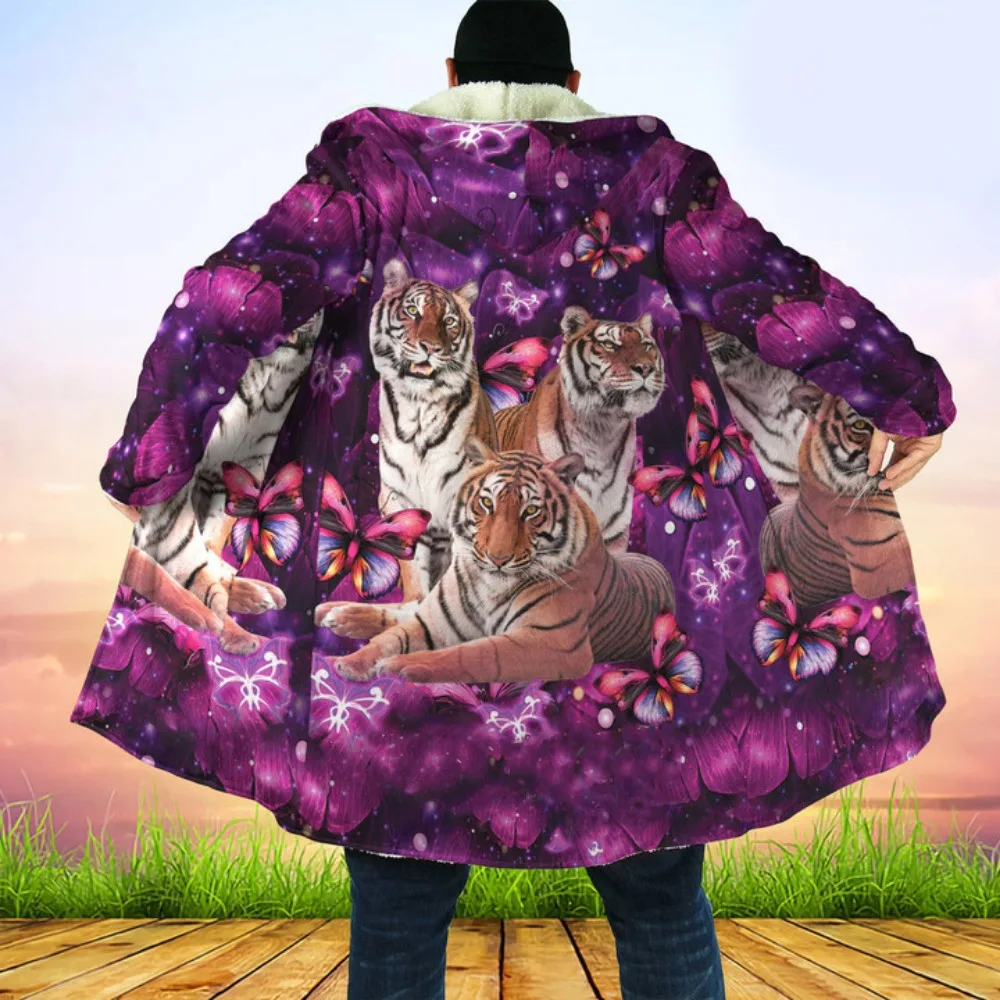 MSIEESO Winter Men Hooded Cloak Animal Tiger Graphic 3D Printed Fleece Wind Breaker Unisex Casual Thick Warm Hood Cloak