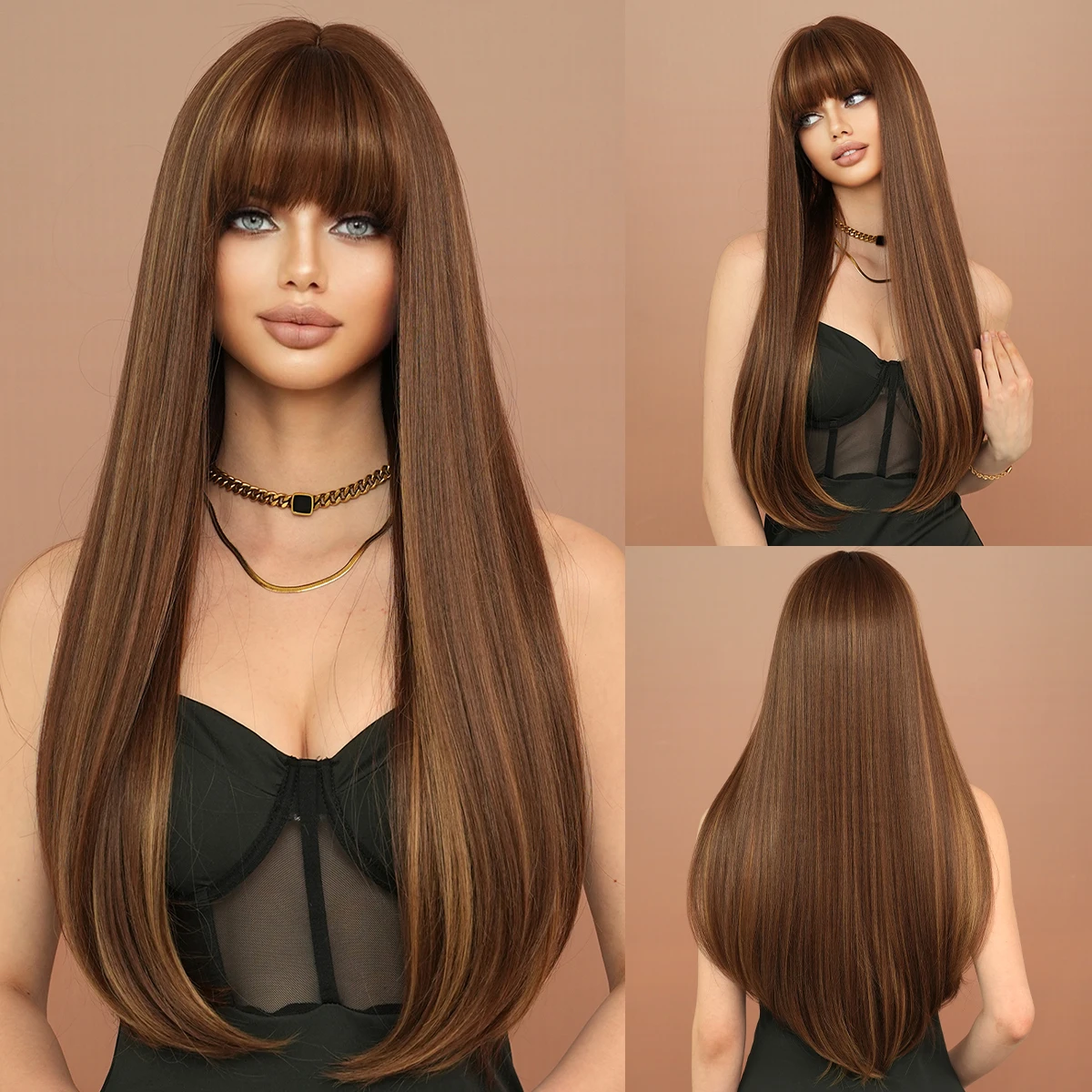 NAMM Dark Brown Long Straight Wig For Woman Daily Party Cosplay Blone Highlights Natural Synthetic Wig  With Bangs