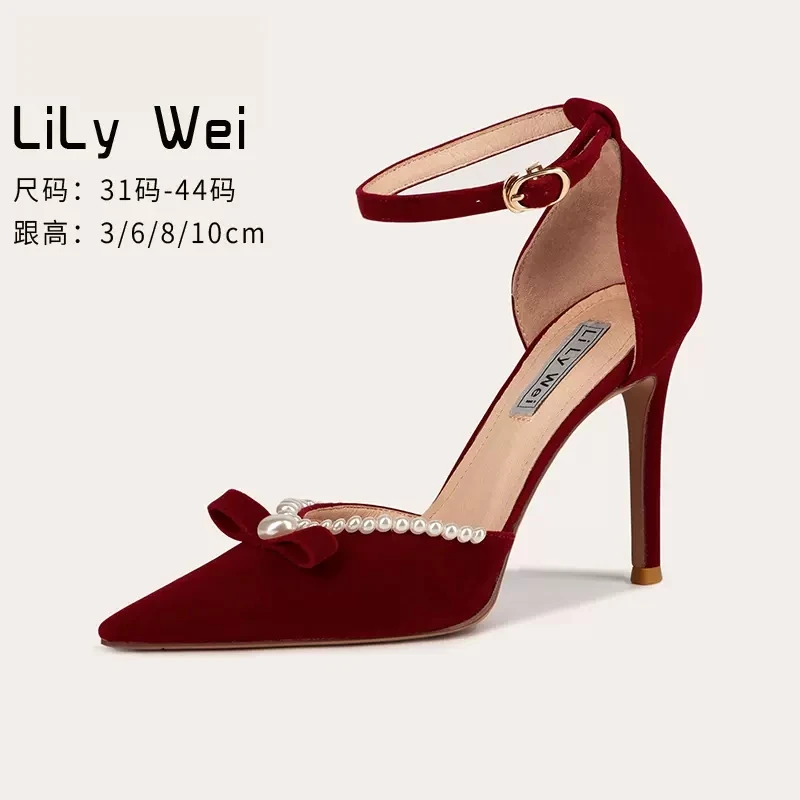 Spring and summer new pointy rhinestone bow suede pearl sandals thin high heels party dress large small women's single shoes