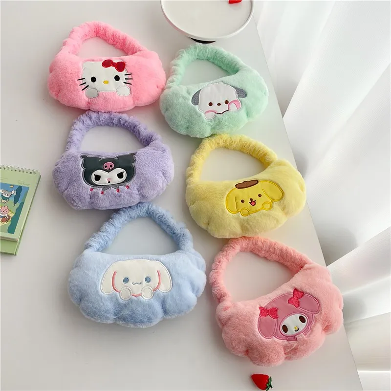 New Kuromi My Melody Cinnamoroll Pochacco Hello Kitty Bag For Women Plush One Shoulder Underarm Moon Bag Cute Girls Mini Handbag