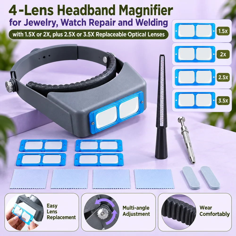 4-Lens Headband Magnifier for Jewelry, Watch Repair and Welding, with 1.5X or 2X, plus 2.5X or 3.5X Replaceable Optical Lenses
