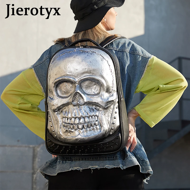 

JIEROTYX Silver Skull Head Backpack for Women and Men Gothic Cracked Rivets Studded Cool Laptop Backpack Large College Bookbag