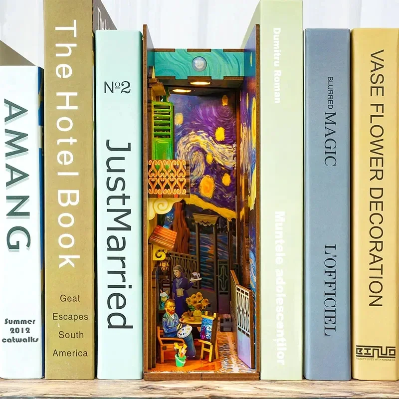 New DIY Wooden Book Nook Shelf Insert Kits Miniature Anime Building Dollhouse Alley Bookends Suitable For Office Home Decoration