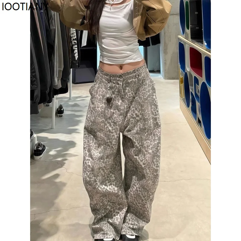 

Women's American Retro Stitching Leopard Print Jeans Streetwear Hip-hop Loose Straight Trousers 2025 New Y2K Wide Leg Denim Pant
