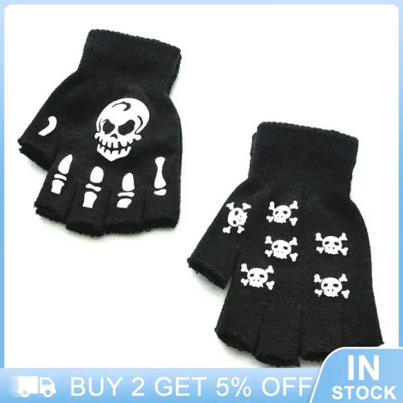 Fashion Half-finger Gloves Stretching Glow In The Dark Skeleton Glove Halloween Essential Party Skull Half-finger Gloves Unisex