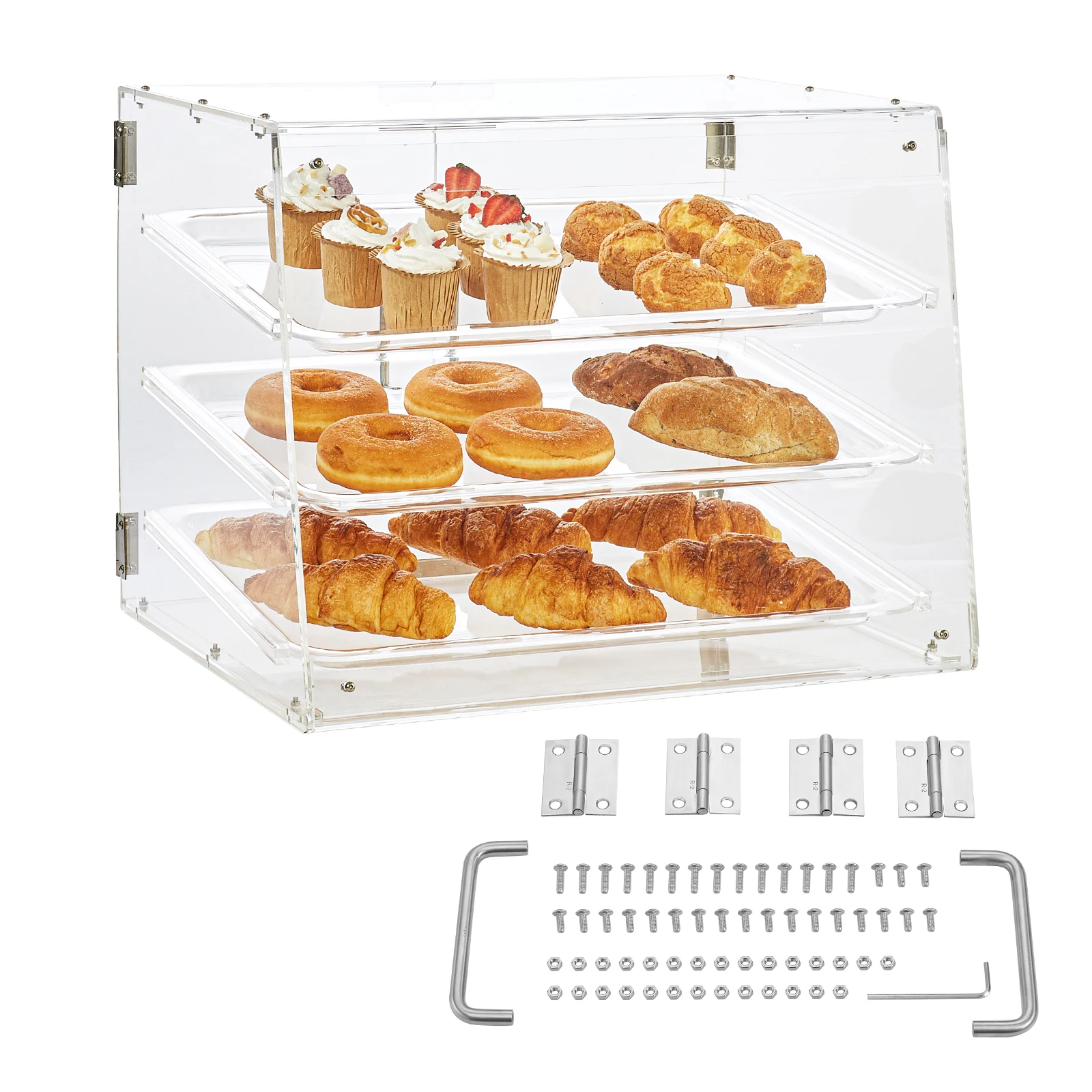 VEVOR 3 Tier Clear Pastry Display Case Acrylic Commercial Countertop Bakery Display Case with Front and Rear Door for Bread