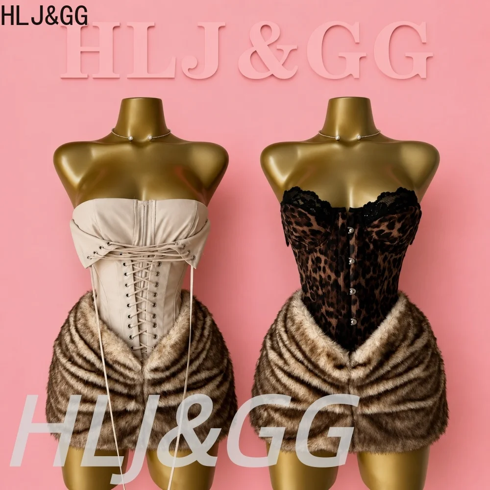 HLJ&GG Sexy Leopard Mesh See Though Corset Two Piece Sets Women Off Shoulder Sleeveless Top And Fur Mini Skirts Outfits Street