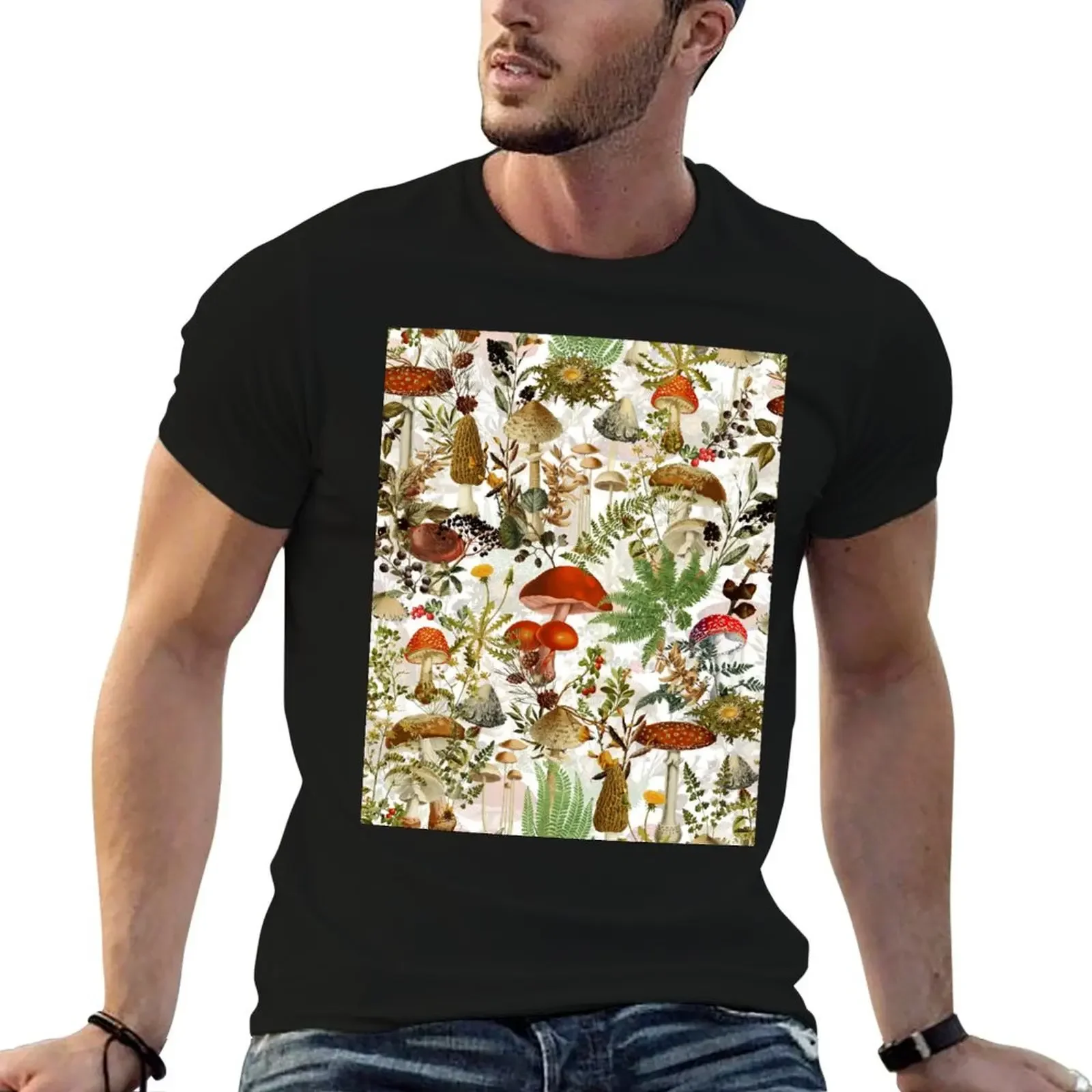 

Vintage Midnight Mushrooms Forest Botanical Garden Pattern - White T-Shirt sublime anime stuff men workout shirt