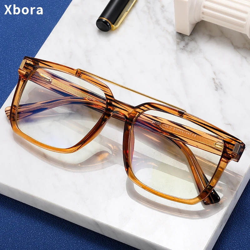 

Xbora Fashion Trend Glasses Frames Men's Retro Double Bridge Eyeglass Frames Acetate Frames Optical Prescription Eyeglasses