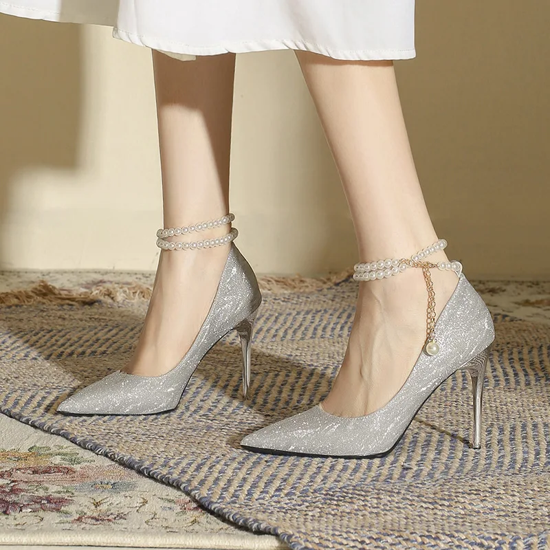 

French high heels 2026 spring thin heel bow pointed crystal wedding shoes temperament women's shoes