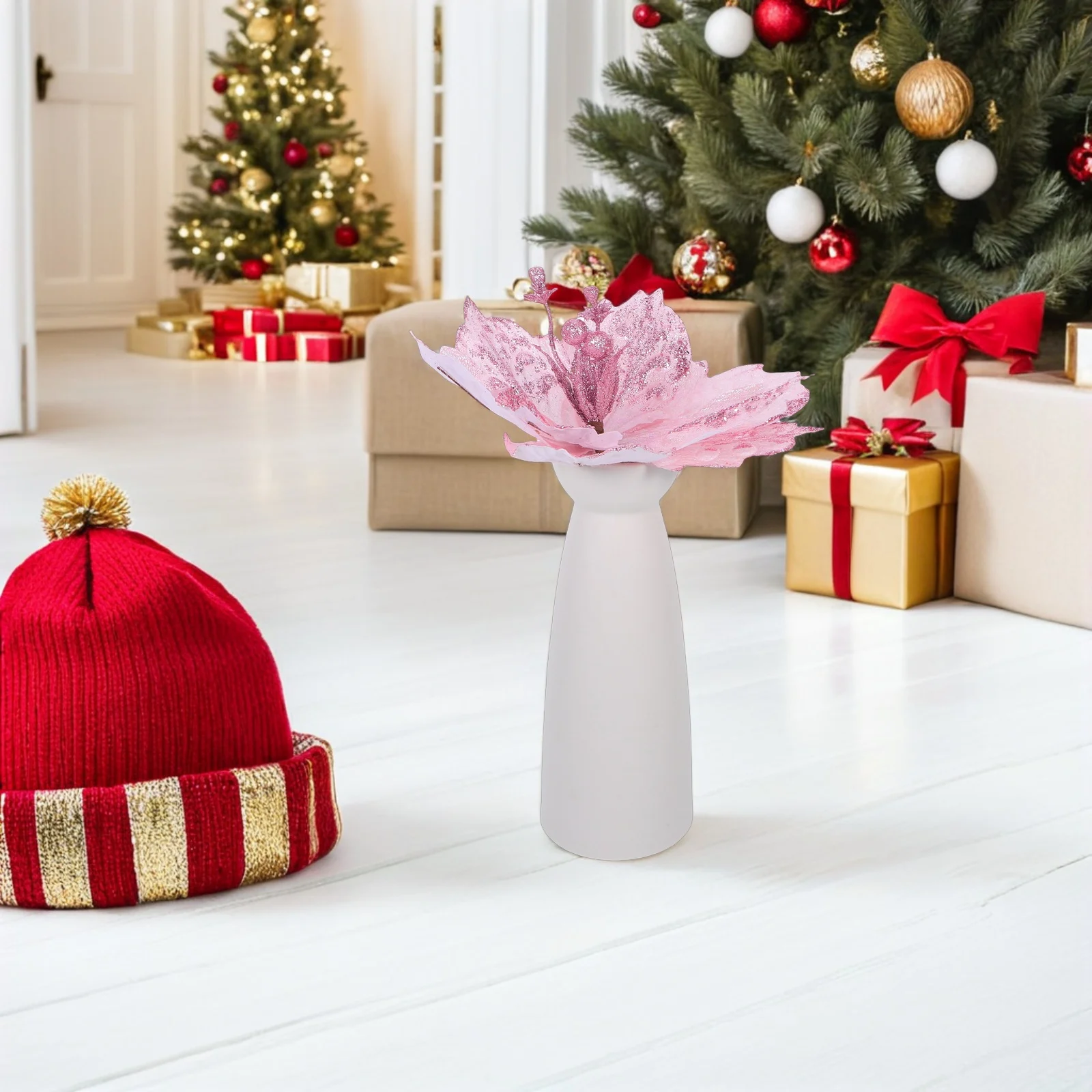 

4Pcs Poinsettia Sequin Accents Sparkling Floral Stems Holiday Fabric Flowers Festive Home Office Decor