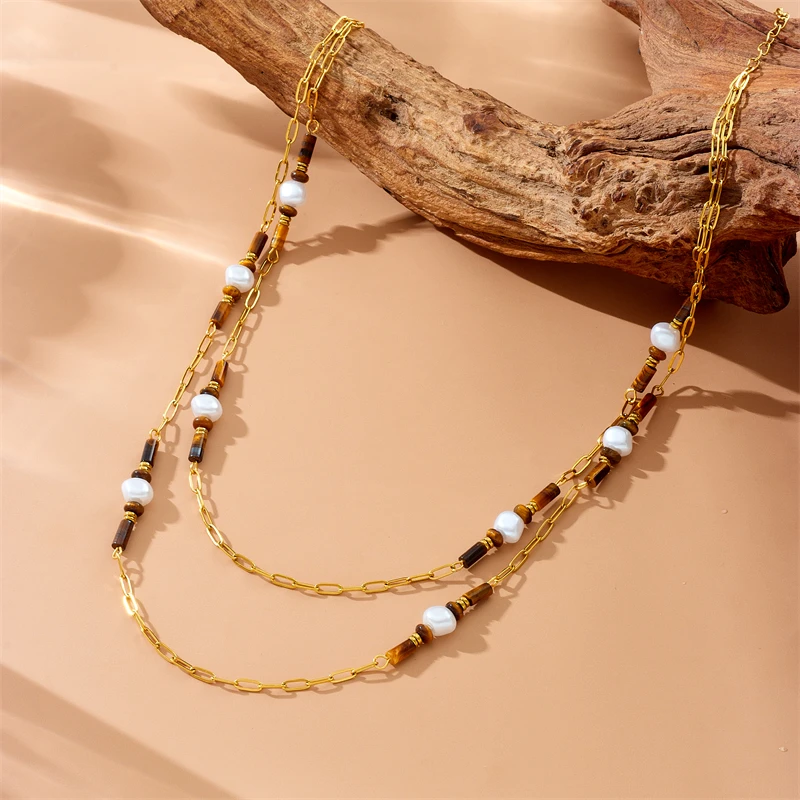 DIEYURO 316L Stainless Steel Murad Bamboo Bead String Pearl Double Necklace For Women Girl Fashion Trend Neck Chain Jewelry Gift