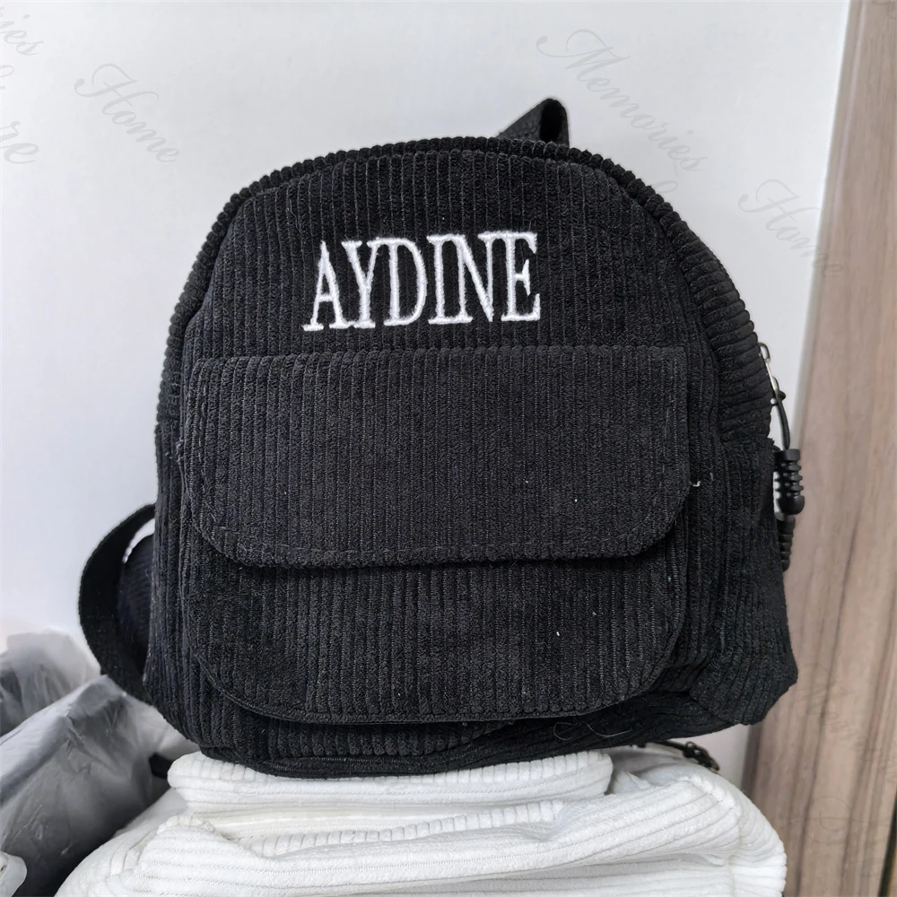 19cm Mini Women's Corduroy Backpack Personalized Name Girls Solid Color Outdoor Shoulder Bag Custom Embroidered Name Gift Bags