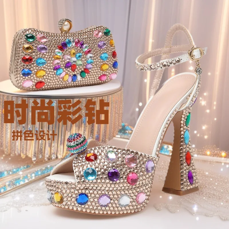 

14Cm fish mouth high heel sandals light mouth word with large size high heel sandals rhinestone bridal sandals