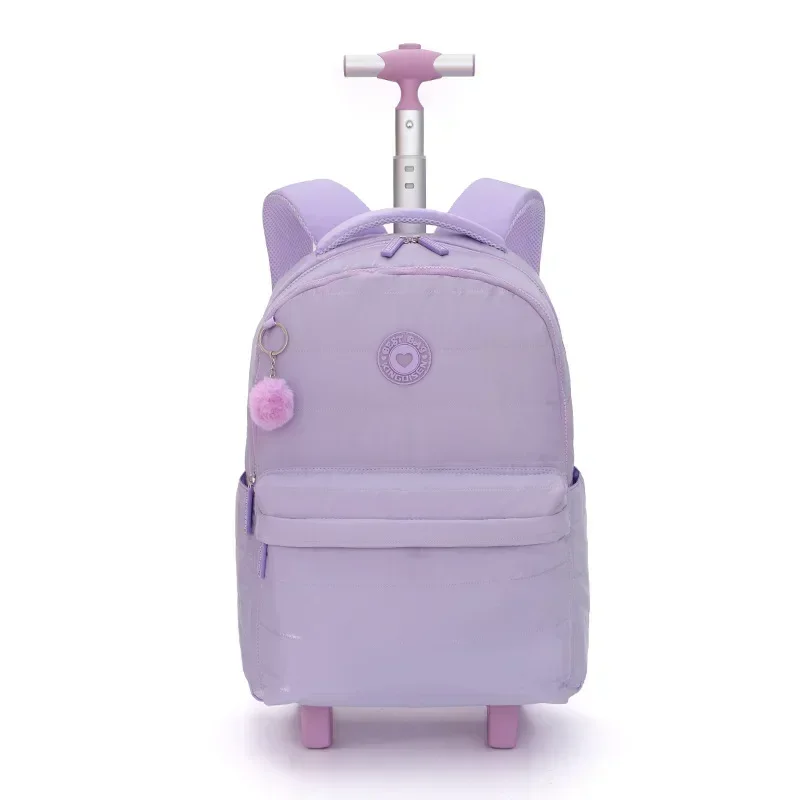 Primary School Bag with Rolling Tires Solid Color Backpack with Wool Ball Pull Rod Three Piece Set Pencil Case Dirt Resistant