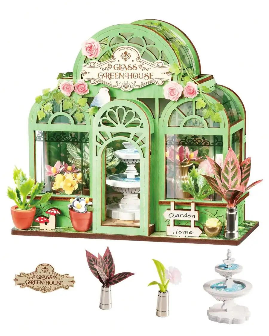 Green Fountain Garden Miniature Kit – DIY Wooden Dollhouse, Mini Bookshelf Decor, Creative Hobby Gift For Adults & Teens