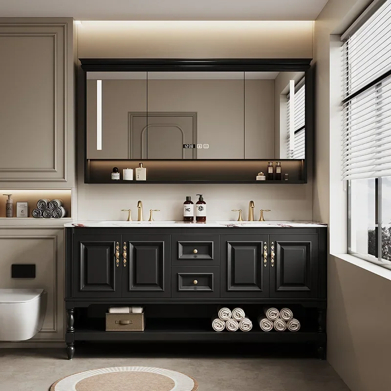 y French retro floor-to-ceiling bathroom cabinet combination luxury stone rock slab integrated washing table