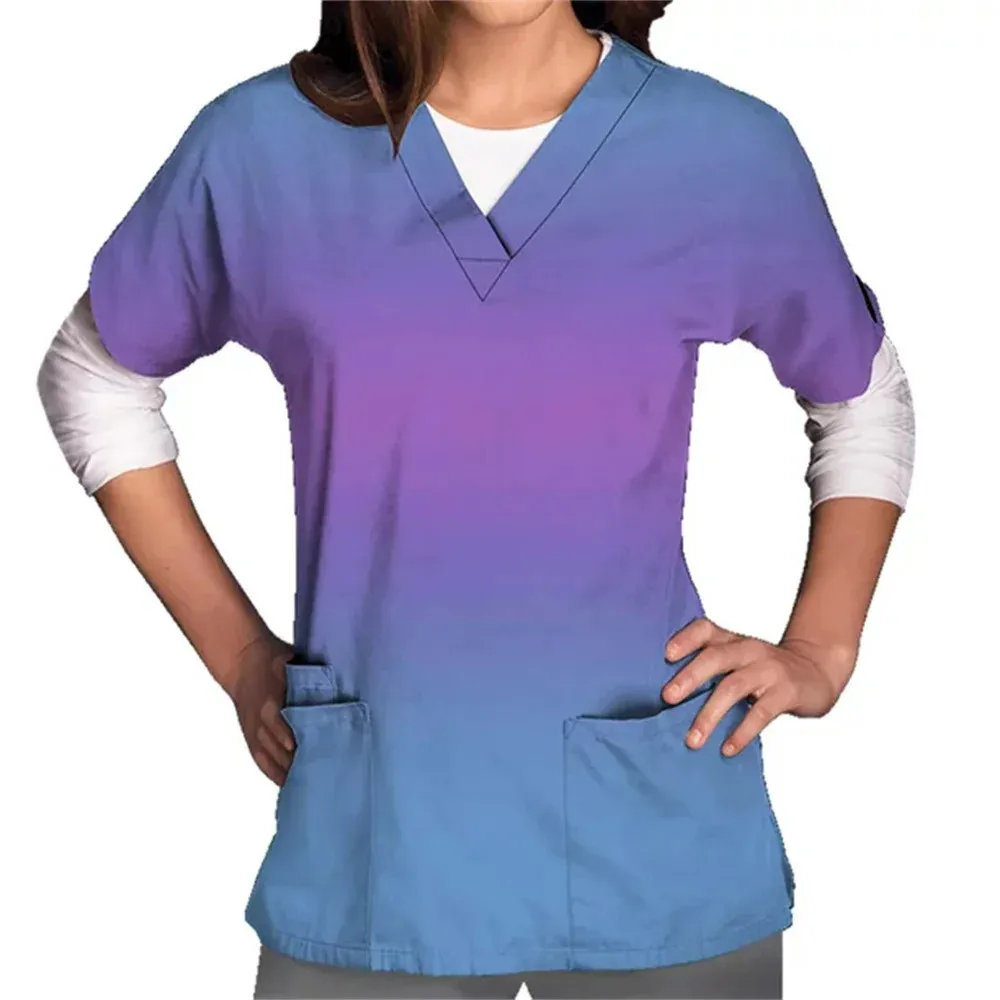 

Womens T-Shirts Medical Nursing Uniform Stretch Gradient Print V-Neck Short Sleeve T Shirt Tops With Pocket Women's Workwear