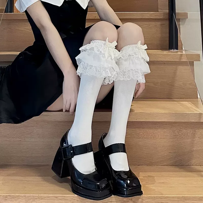 

Lolita Kawaii Ruffle Socks Women Stockings Cute Bow Sweet Girls Knee Socks Japanese Style Black White Long Socks Stockings Women