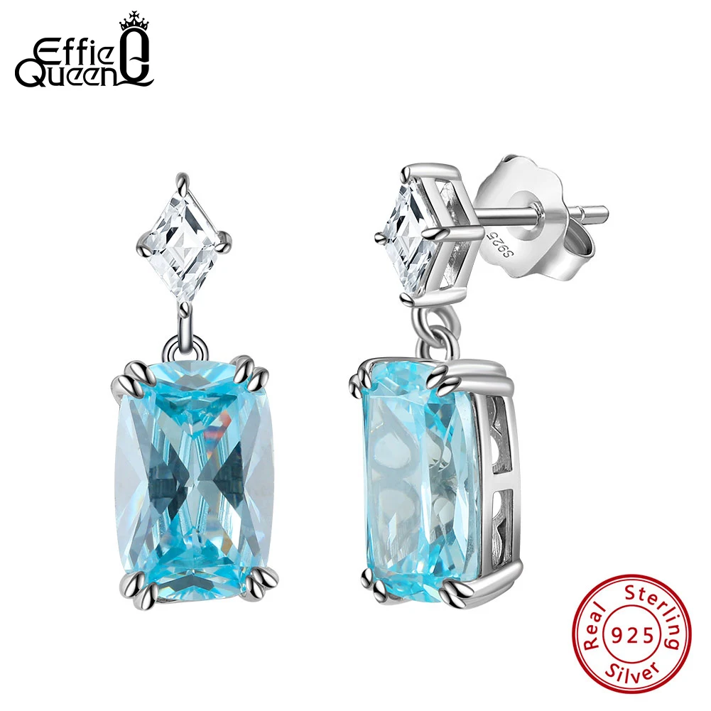 Effie Queen 925 Sterling Silver Dangle Earrings Created Aquamarine With 5A Clear CZ Princess Cut March Birthstone Present LZE44