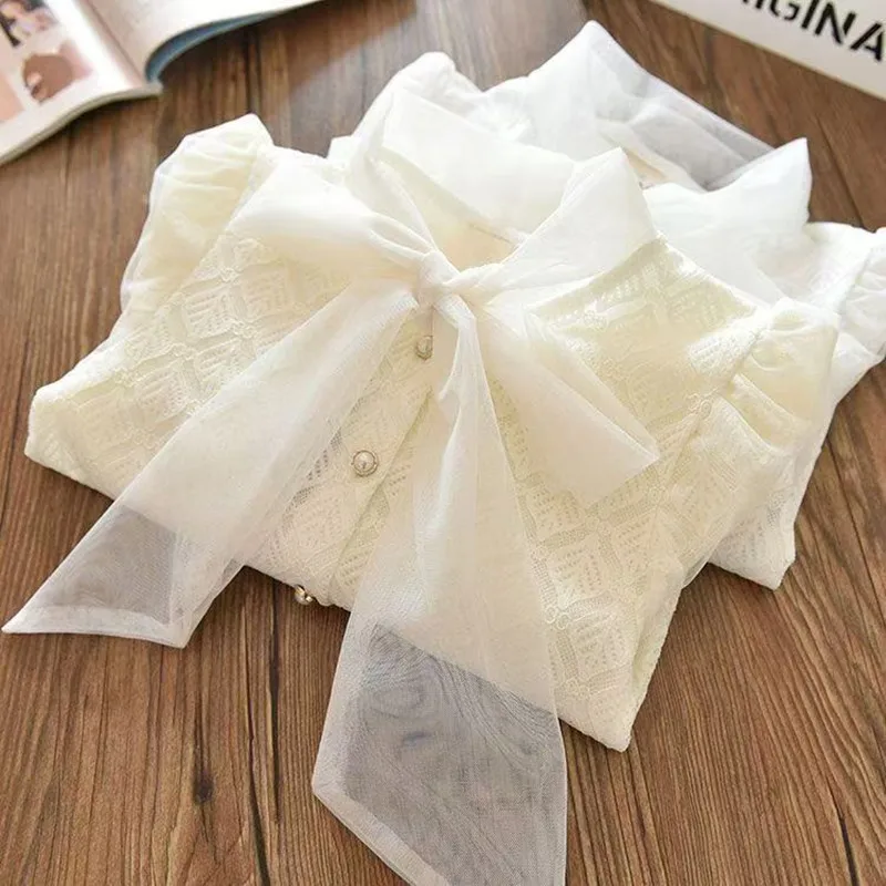 

Kids Girls Shirt 2025 New Medium and Big Children's Spring and Autumn Thin Long Sleeve Shirt Baby Bow Princess Shirt