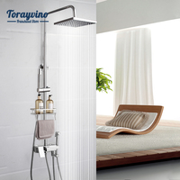 Torayvino Bathroom Rain Shower Wall Mounted Shower Set Chrome With Shelf Faucet Rainfall Shower Head Hand Shower Mixer Tap Set