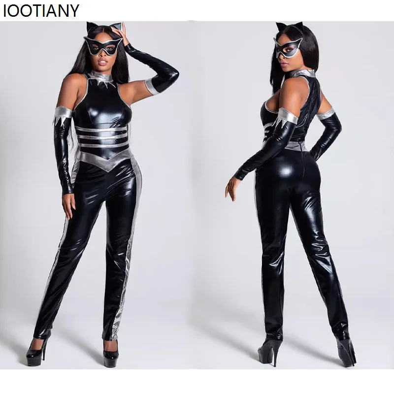 

Women Sexy Black Catwoman Cosplay Shiny Leather Jumpsuits Halloween Masked Goddess Fancy Dress Carnival Party Stage Dress Up New