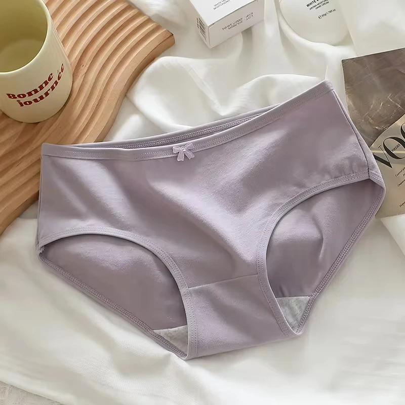 6pcs Sweet Girl's Pure Cotton Panties Mid-Rise Panties Cream-Tone Solid Color Comfortable & Breathable Women's Triangle Briefs