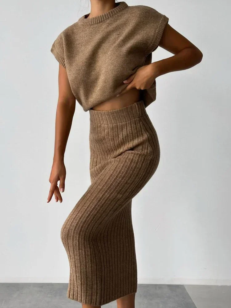 

Knit Sweater 2 Piece-Set Women Loose Ribbed Sleeveless Pullover And High Waist Long Skirt Outfits Knitwear Women's Sets