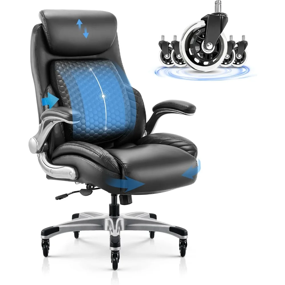 

Office Ergonomic Desk High Back Executive Chair with Pop-Out Lumbar Support, Upgraded Casters, Adjustable Headrest, Flip-